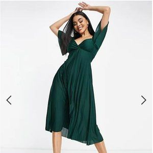 ASOS DESIGN pleated twist back cap sleeve midi dress in forest green